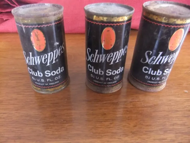 3 Schweppes Club Soda 5 1/4  OZ Cans Vintage England empty unopened