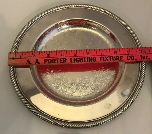 Vintage WM Rogers Silverplate Serving 10" Etched Round Tray Braided Rope Edge