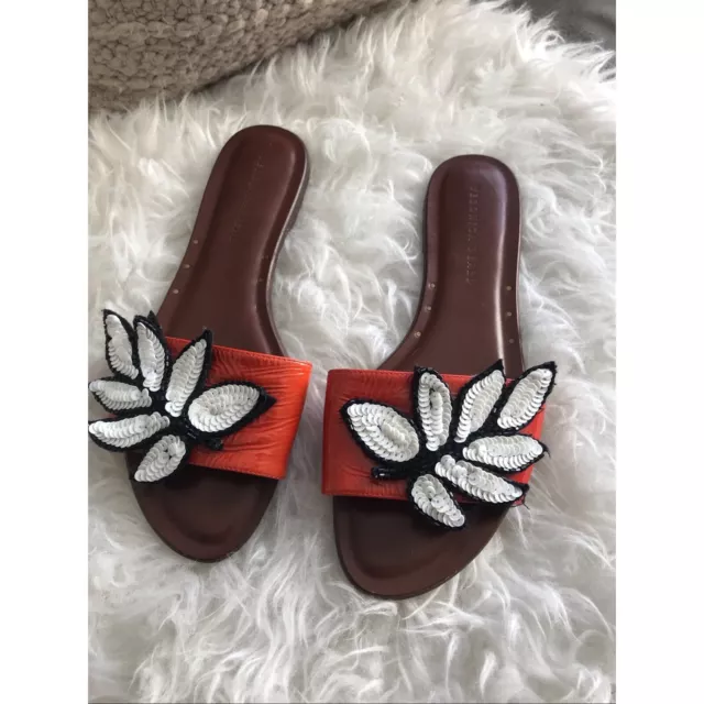 Veronica Beard Women’s Flor Sandal Orange Sequin Leaf Slides Size 38 Fit Like 6