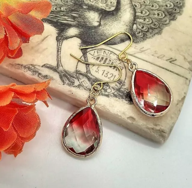 Faceted Red & White Glass, Gold Dangle Earrings- Ladies Fashion Drops-Handmade