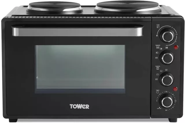 Tower T14044 Mini Oven with Dual Hot Plates, Adjustable Temperature Control, 90