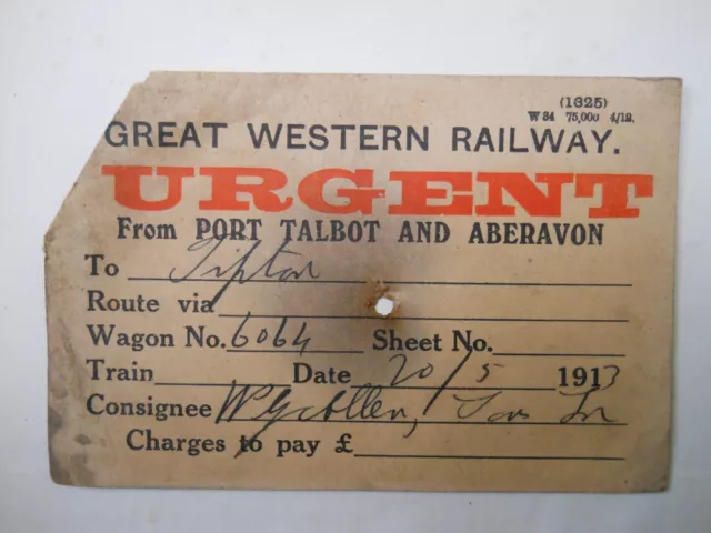 GWR Wagenetikett, ""dringend"" von Port Talbot & Aberavon nach Tipton, Mai 1913