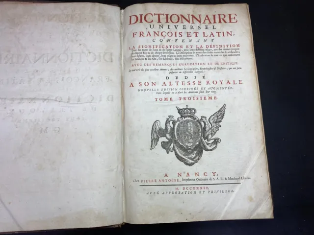 Trevoux - DICTIONNAIRE UNIVERSEL FRANCOIS ET LATIN - 1734 - Tome 3 (G-M) - TBE !