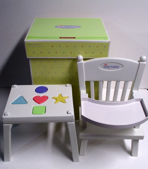 American Girl Bitty Baby Highchair w Tray Activity Table Shapes & High Chair BOX American Girl Bitty Baby Highchair w Tray Activity Table Shapes & High Chair BOX