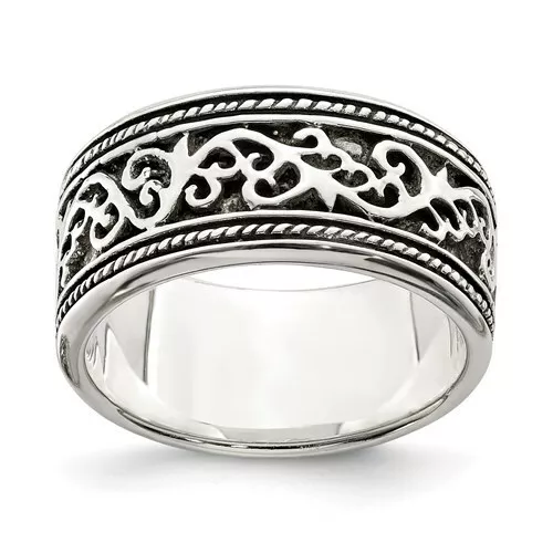 Antiqued Finish Solid Sterling Silver Scroll Design Ring Band  Size 9