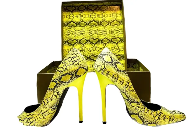 Privileged Neon Highlighter Yellow Verge Snake Leather Stiletto Heels 4.75” Heel