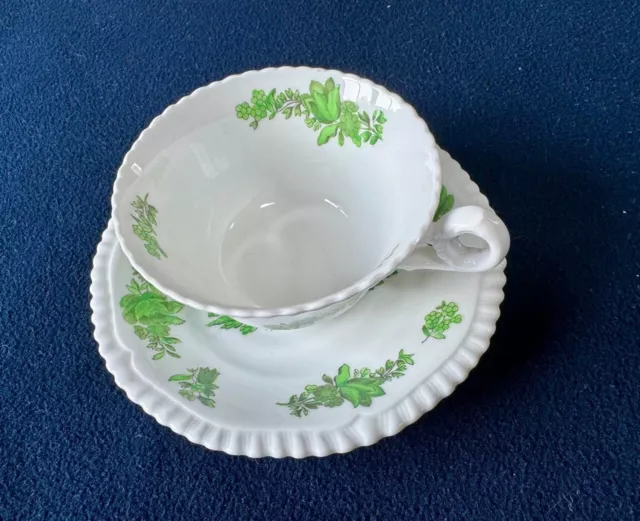 Spode Copeland China England Tea Cup and Saucer Green Flowers Basket