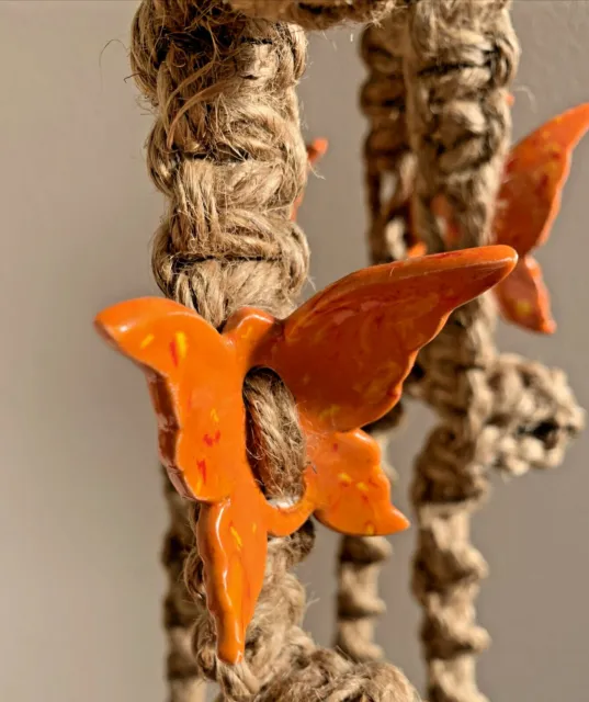 Macrame Jute Plant Hanger HANGING POT HOLDER 60” Ceramic Orange BUTTERFLY (#256) 9