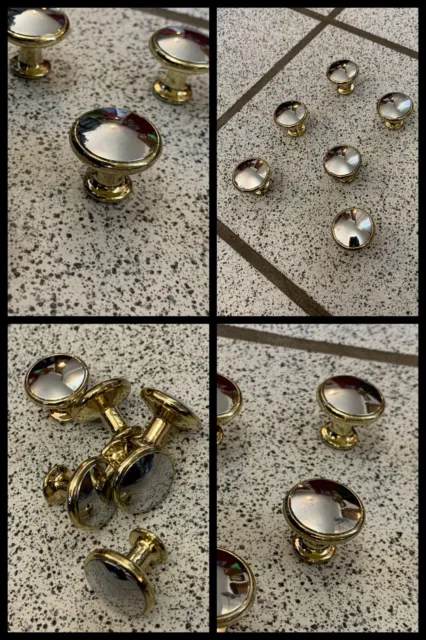 6 Knobs Silver & Brass Round Pull Pedestal Cabinet Drawer Mid Century Vintage
