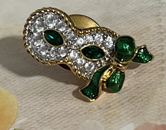 Swarovski Swan Gold Tone Green Clear Crystals Mask Lapel Pin Brooch Vintage