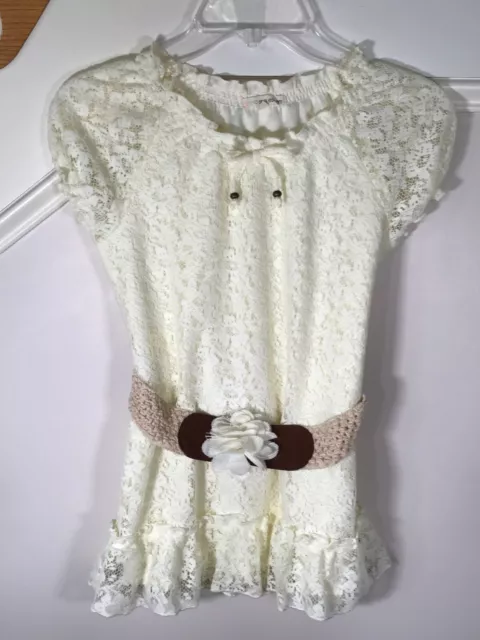 Self Esteem Girls Cream Off White Lace Tunic Belted Top Size 10/12 EUC