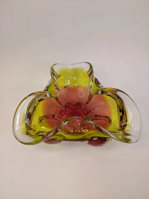 Mid Century Murano Art Glass Bowl Vintage Ashtray Green Pink 3 sided. Stunning.