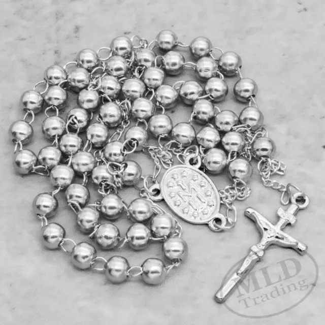 Silver Tone Metal Catholic Rosary Necklace 6mm Round Prayer Beads Papal Crucifix