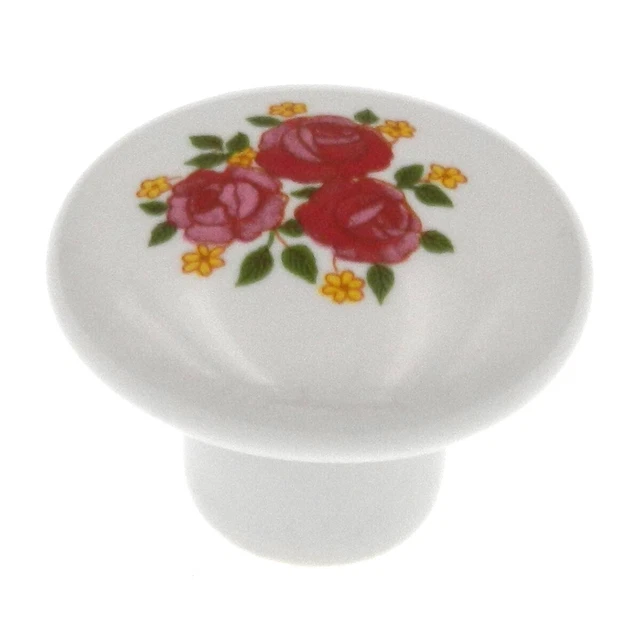 Amerock BP725A-CW3 1 3/8" White Ceramic Knob Pull with Pink Roses Flowers