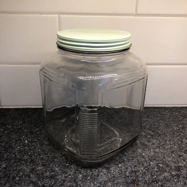 VTG Hoosier Style Jar 1 Gallon Storage Canister Square Glass Green Lid