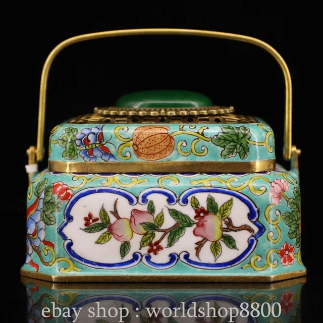 3.2“Old Chinese Qianlong copper Cloisonne mosaic green Jade cover hand stove pot