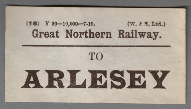 GREAT NORTHERN RAILWAY LUGGAGE LABEL - ARLESEY 7-10 (Caps) (W.& S. Ltd)