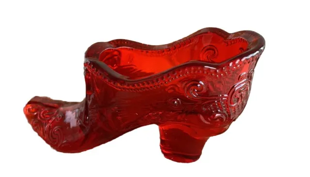 Vintage Mosser Glass Ruby Red Bow Victorian Design Slipper Shoe Figurine 4 1/2"