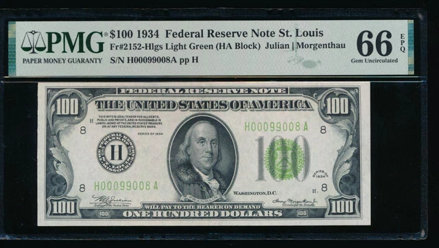 AC 1934 $100 Saint Louis FRN PMG 66 EPQ Light Green Seal LGS Fr 2152-H top pop
