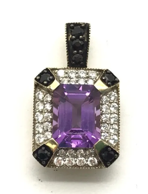 Sterling 925 Gold Tone Emerald Cut Purple Amethyst CZ Black Onyx Bail X Pendant