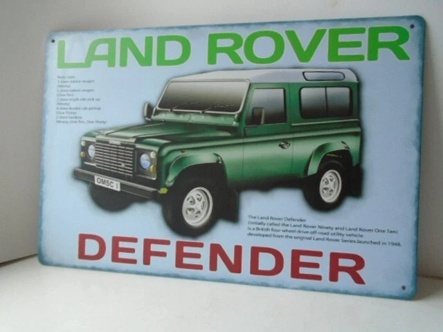 Large vintage style Land Rover Defender tin metal advertising sign, garage