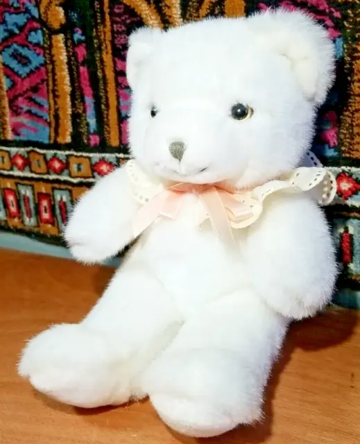 Vintage Avon White Teddy Bear Plush 9" Lace Bow Stuffed Animal Toy