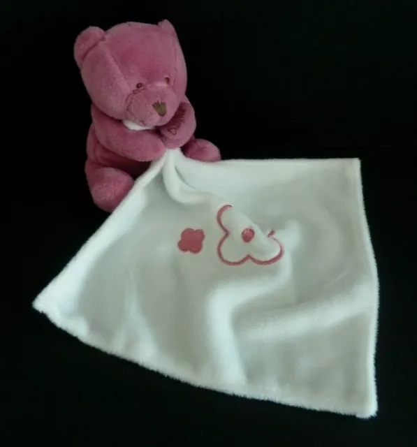 B22. Doudou Baby Nat Ours Bonbon Rose Mouchoir Blanc Billes Ventre Bn0388 Neuf *