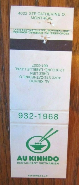 Vietnamese Restaurant Matchbook Cover: Au Kindho (Montreal & Laval, Quebec) -E8