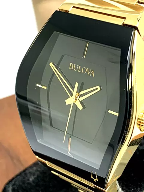 Bulova Mens Watch 97A164 Futuro Quartz Black Dial Gold Tone Stainless Steel 40mm