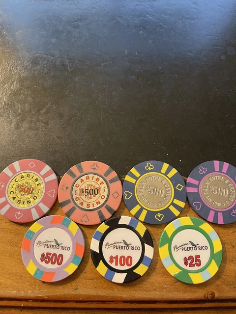 (7)  Puerto Rico Casino Chips  Palm Hotel Paradises Caribe Hilton
