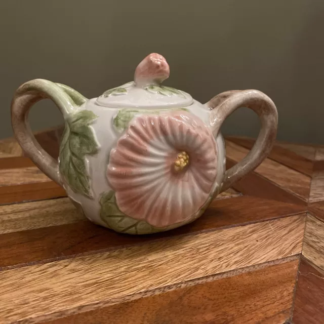 Fitz and Floyd Hibiscus Sugar Bowl 1987 With Lid matches Hummingbird Teapot