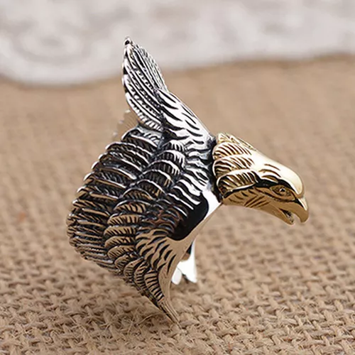 Men's Solid 925 Sterling Thai Silver Ring  Gold Eagle Adjustable Size 8 9 10 11