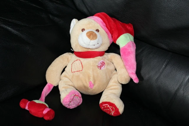 Doudou peluche OURS beige Bonbon Baby Nat' BABYNAT Bonnet rouge 24 cm
