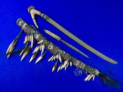 Antique Old Borneo Dayak Headhunters Mandau Damascus Sword Dagger Scabbard Set