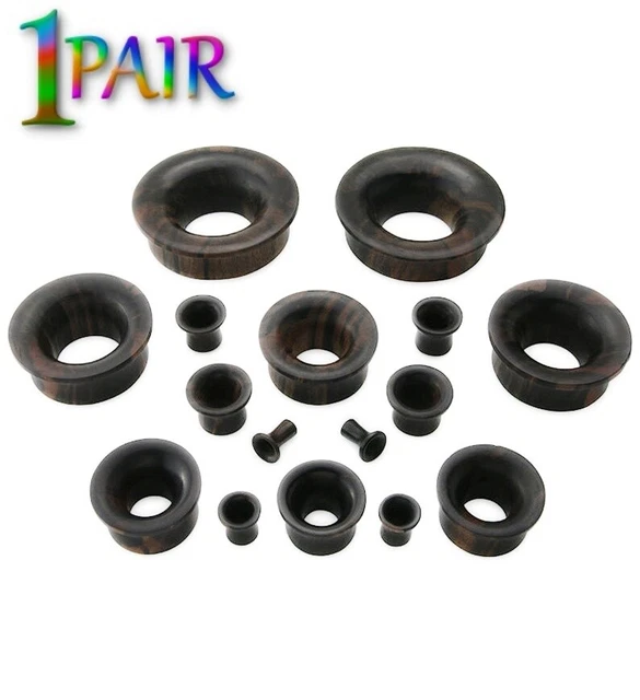 Pair 8g-30mm MAYAN BLACK ARENG WOOD TUNNELS Double Flare Gauges Organic Ear 1351