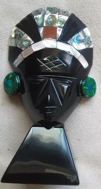Black Onyx Obsidian Carved Aztec Head/Crown Sculpture 6 1/2" Tall Inlaid