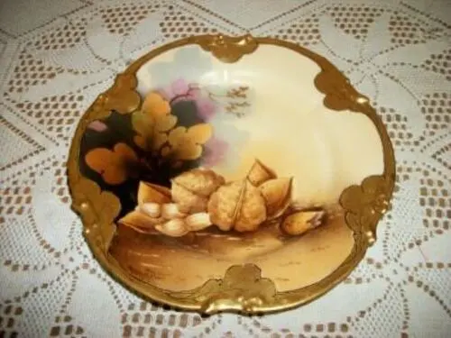 Antique Pickard China French Limoges Hp Nuts Plate Signed Vokral Rich Gilt Rare