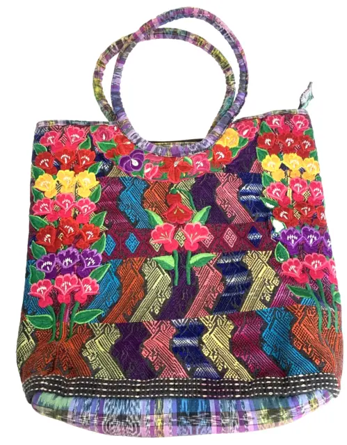 Guatemalan Embroidered Floral Bag Tote Market Cotton Pockets 16" x 16" x 4"