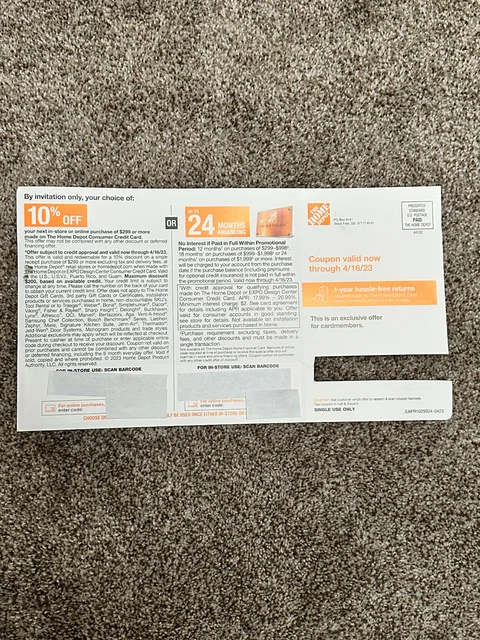 Home Depot Coupon 10% Off or 24 Months Financing In-store or online Exp 04/16/23