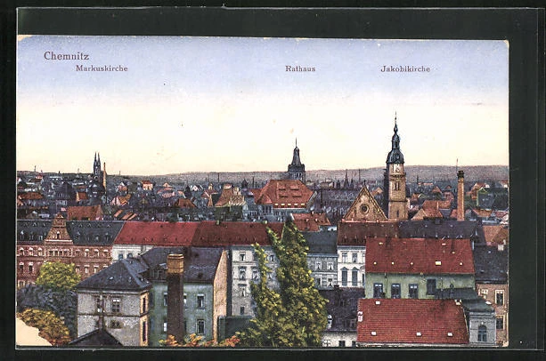 AK Chemnitz, Ortsansicht mit Markuskirche, Rathaus und Jakobikirche 1924