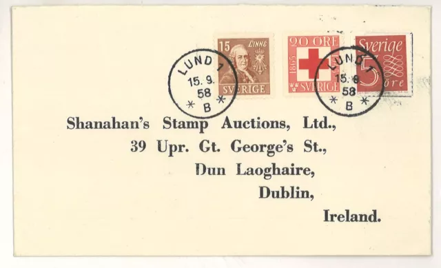 Suecia 1958 carta al extranjero Lund n.o Irlanda preimpresión ex Shanahan SH3000026