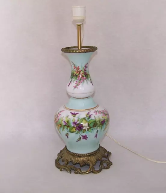 Antique French 19th Century Porcelain & Bronze Blue Floral Table Lamp Base 4250
