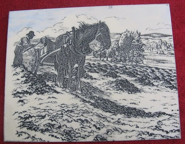 Vintage Art Wall Tile Trivet by CL Horse Drawn Wagon Farmer Harvesting ~c