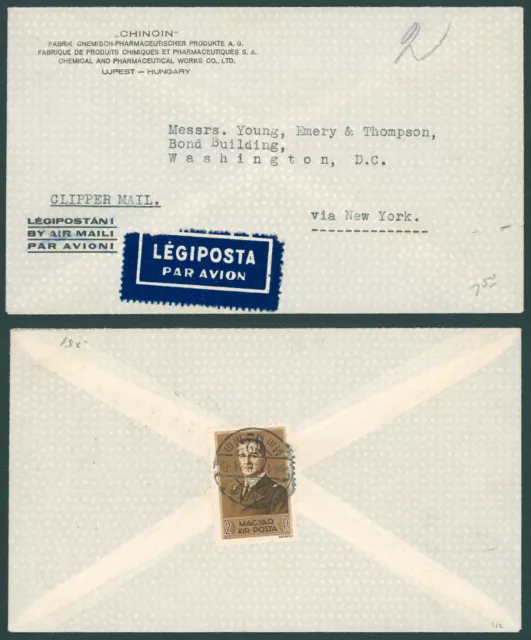 1941 Hungary Airmail to Washington via New York from the Chinoin Pharmacy