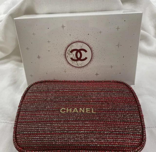Chanel Makeup Bag 2022 Holiday Gift Set Grey Gold Tweed Pouch ONLY