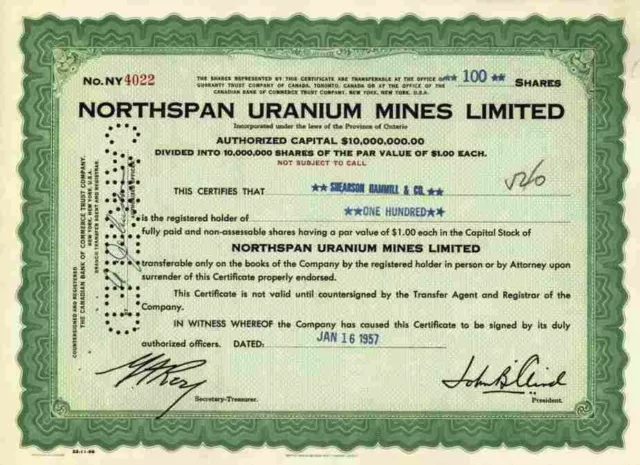 Northspan Uranium Mines Limited 1957 Toronto Kanada Quirke See Rio Algom Mines