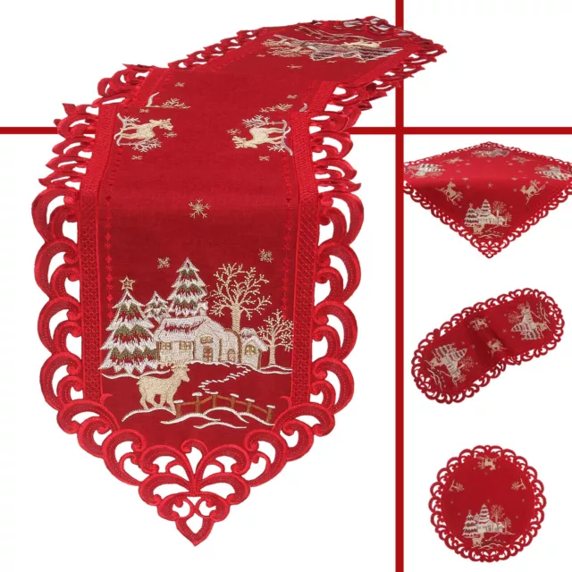 Christmas Dark-Red Tablecloth Table runner Doily Linen-look Embroidery Winter