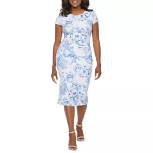 Premier Amour -Cap Sleeve Floral Sheath Dress ,  Size: 8 , color: White & Blue