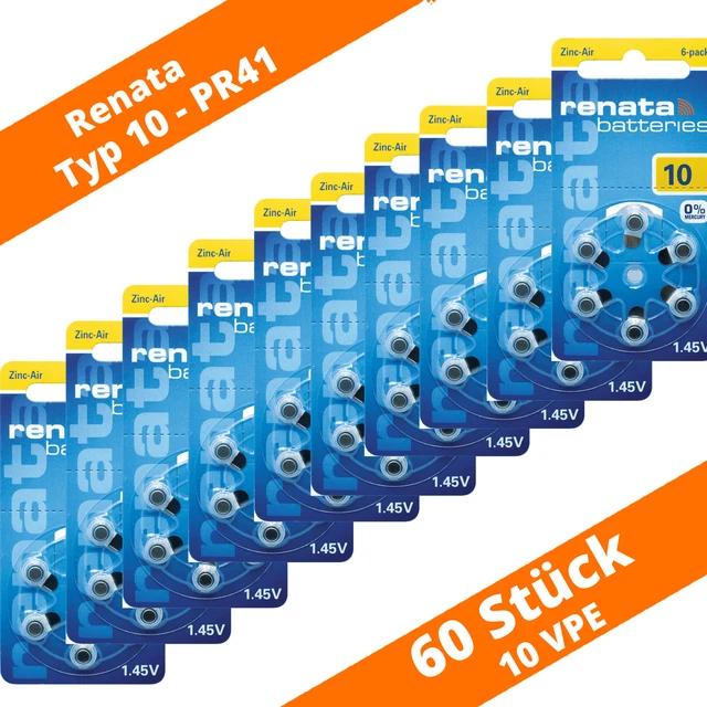60 pilas de audífonos Renata PR70 amarillo 10 PR70 10 x 6 blíster NUEVO 1,45V