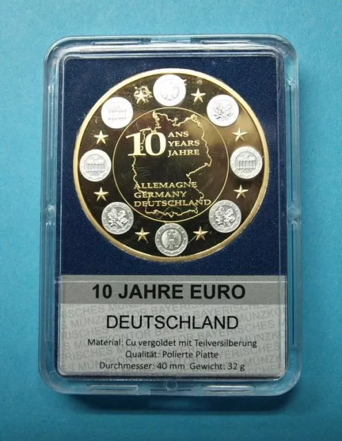 Deutschland Medaille 10 Jahre Euro, vergoldet, teilversilbert PP (MD822